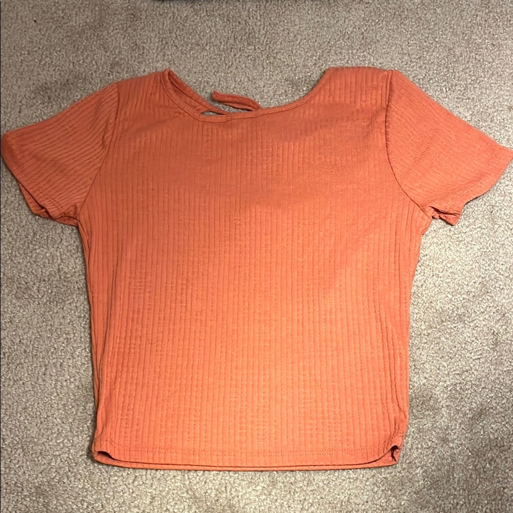 Caution To The Wind Coral Ribbed Fitted Short Sleeve Tee